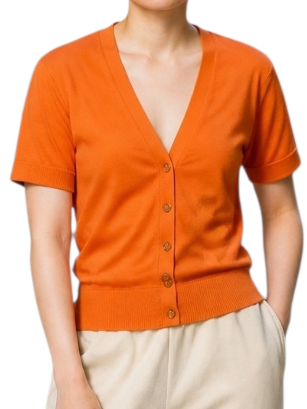 Banana Republic 71% Cotton Orange V-Neck Short Sleeve Button Cardigan